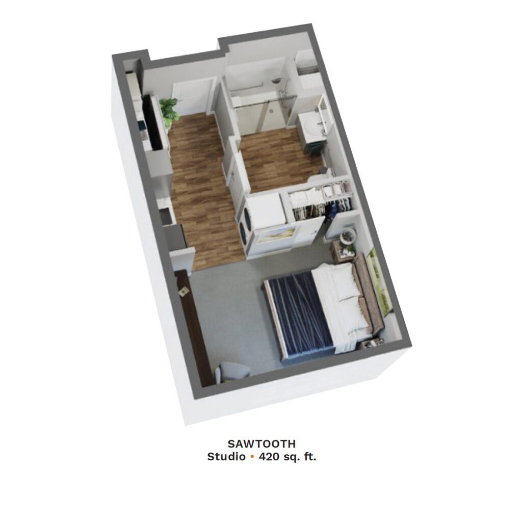 Digital rendering of The Pointe at Meridian Sawtooth Studio apartment. 420 sq. ft.