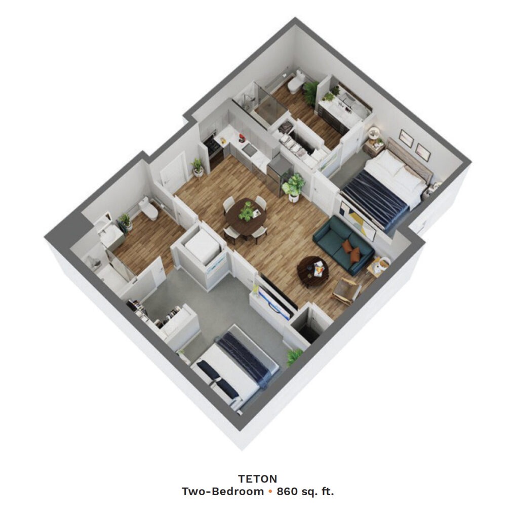 Digital rendering of The Pointe at Meridian Teton Two-Bedroom apartment. 860 sq. ft.